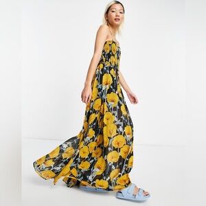 NWT Free People Sophia Smocked Romper • Yellow Black Floral Pattern